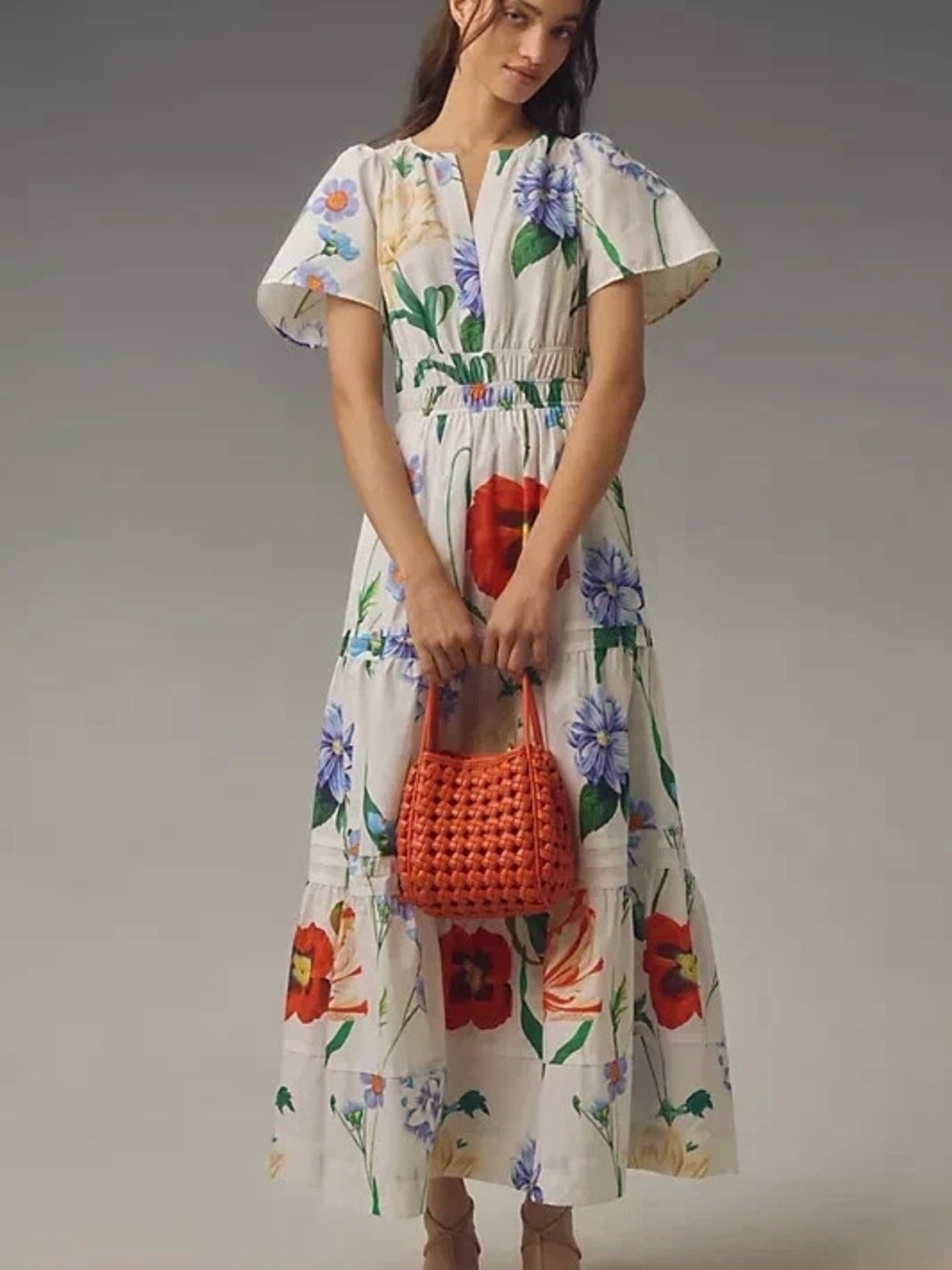 Anthropologie Somerset Maxi Dress Size M White Maxi Dress with Multicolor Blooms